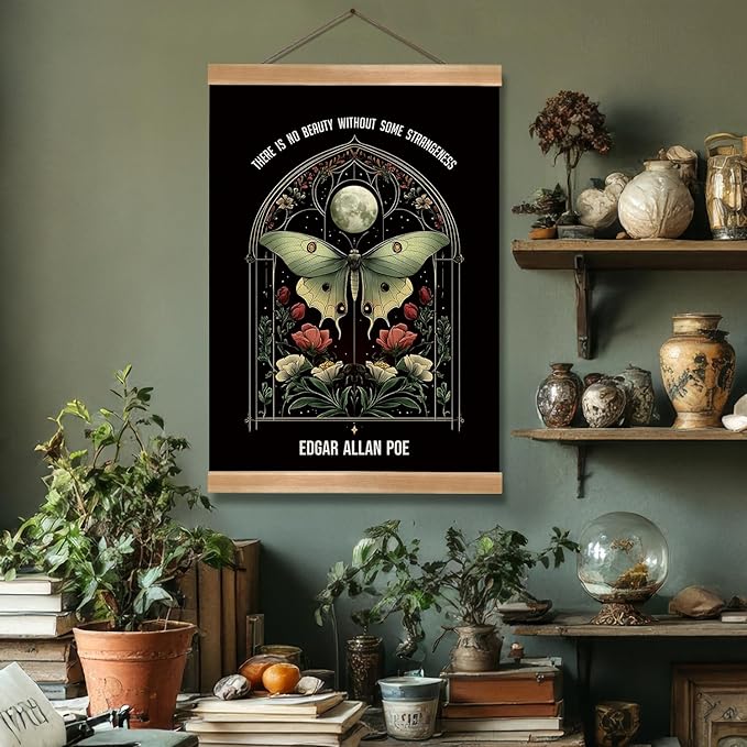 ZTGDA Gothic Butterfly Moon Wall Art Decor,Edgar Allan Poe Wall Painting Abstract Poster with Solid Wood Frame, Gothic Wall Decor,Butterflys Floral Poster for Bedroom, Office (Butterfly)