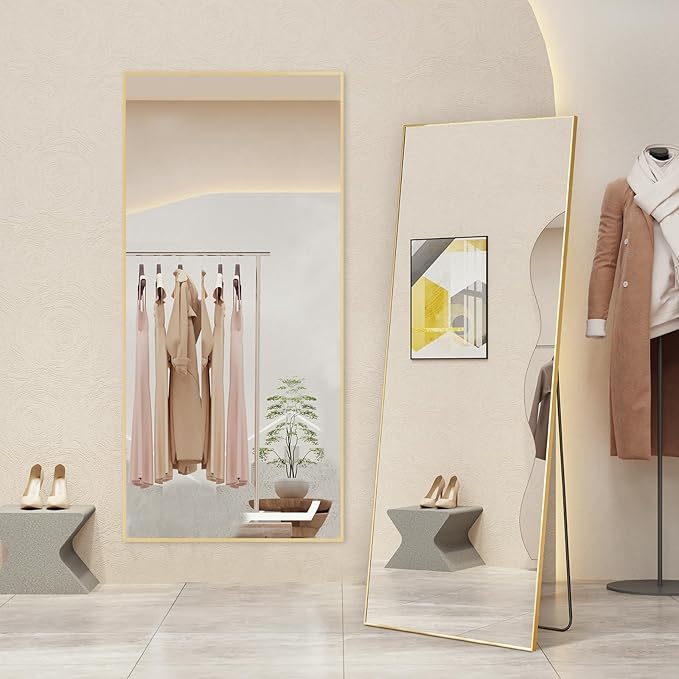 DUMOS Full Length Mirror with Stand 70.4"x25.6" Floor Standing Aluminum Frame for Bedroom Body Hanging Leaning Modern Simple Home Decor Shatter-proorf Nano Glass Wall Living Room Cloakroom Gold