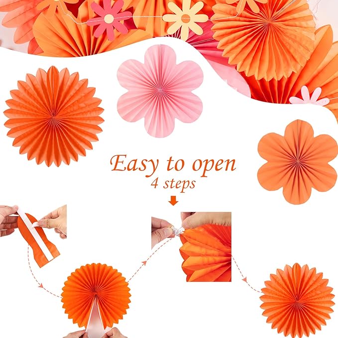 SUNBEAUTY Paper Flowers Decorations for Wall, Spring Pink and Orange Party Decorations, Orange Pink Groovy Paper Fans Classroom for Wall Hanging Decor for Office Baby Shower Bulletin Board, Set of 9