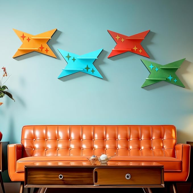 4 Pcs Mid Century Wall Decor Wooden Retro Celestial Star Shaped Burst Wall Art Mount Shelves for Aesthetic Hanging Storage Sign Decoration for Room Bedroom Party(Four-Pointed Star)