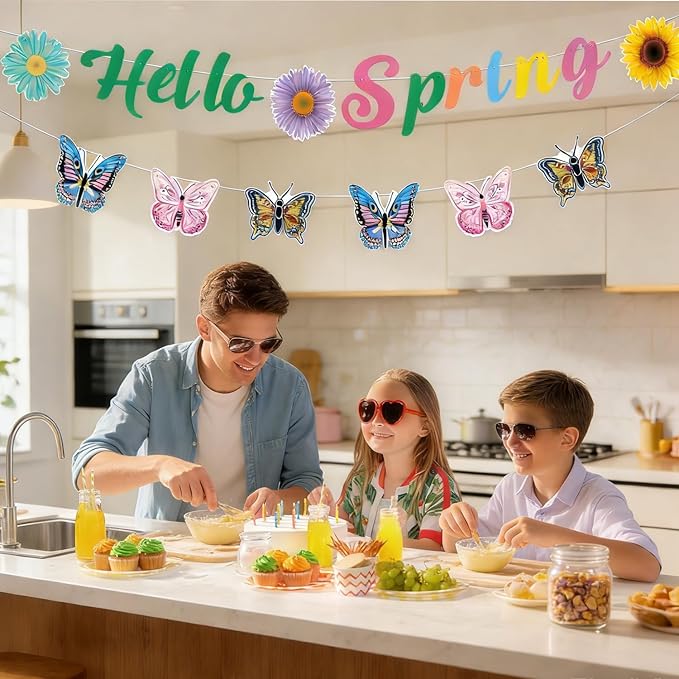 Hello Spring Banner and Butterfly Garland Set Spring Classroom Decor, Garlands for Mantle & Home Decor, Colorful Floral Butterfly Spring Banner for Party, Classroom, Mantel, Wall & Porch Decor