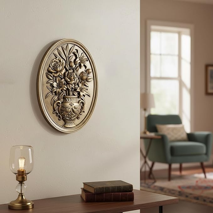 Vintage Flower Wall Sculpture 2 Pack ,Antique Wall Decor,Vintage Floral Wall Art, Hand Painted Wall Decoration with Embossed Flowers Design, Gold Wall Decor for Living Room Bedroom Dining Room, Housewarminng Gifts (Gold Flowers)