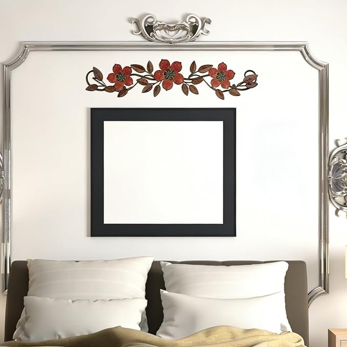 Wesiti Metal Flower Wall Decor Vintage Spring Metal Flower Wrought Iron Scroll Sculpture 15.7''x3.7'' Farmhouse Leaf Wall Decor with Nails for Spring Living Room Bedroom Indoor Outdoor(Red)