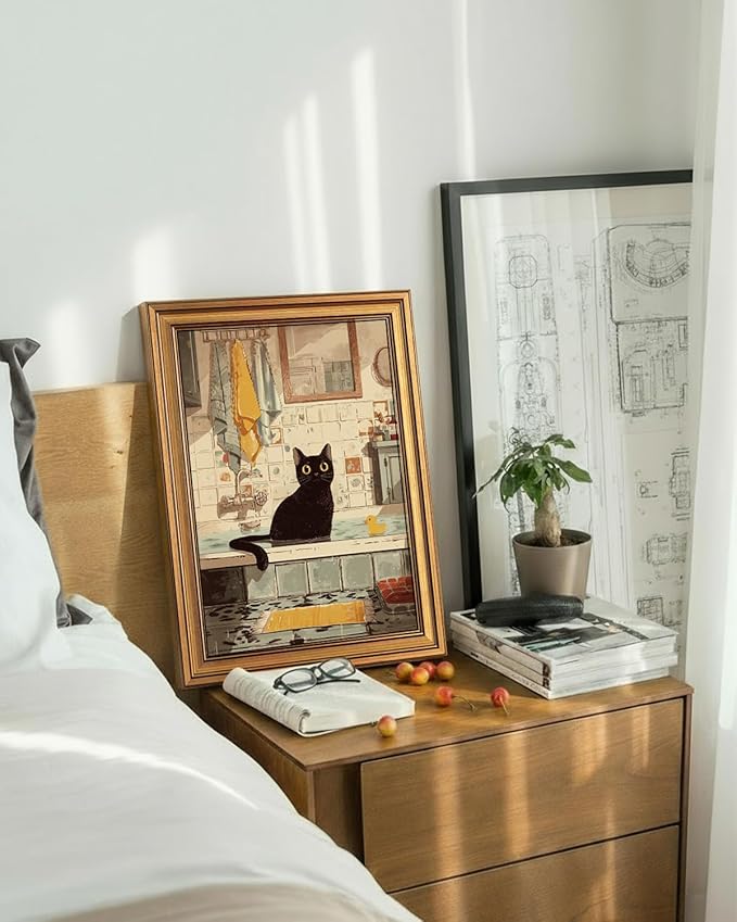 HUARCEY Gold Framed Canvas Wall Art, Bathroom Cat Vintage Decor, Bathroom Shelf Vintage Decor Aesthetic, Retro Decoration for Bathrooms Bedroom Living Room, 12x16Inch