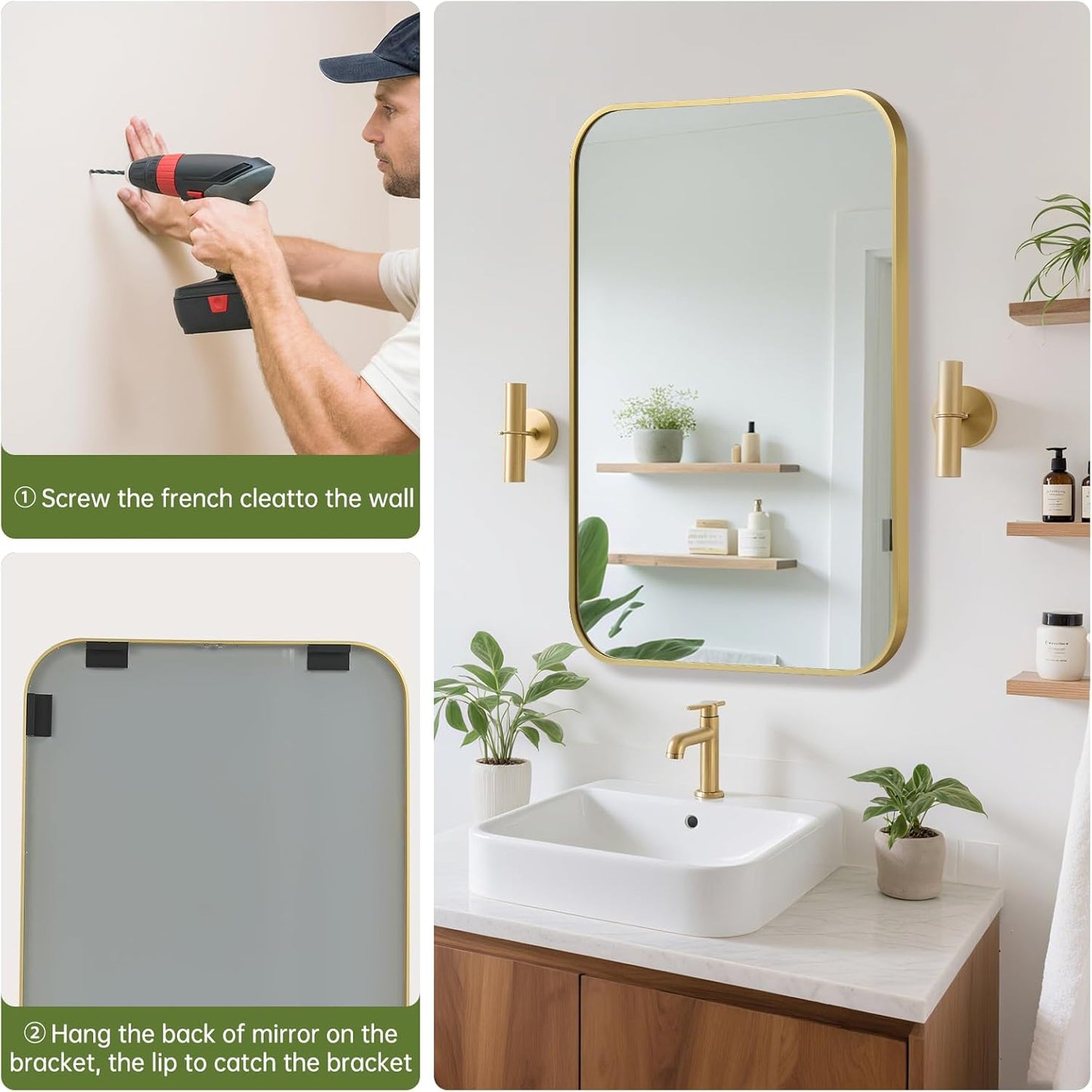 FARMER 24x36 Inch Gold Bathroom Mirror, Rectangle Vanity Mirror, Brushed Mirrors for Wall, Metal Frame Hanging Mirror with Round Corner for Bedrooms, Entryways, Living Rooms, Horizontal/Vertical
