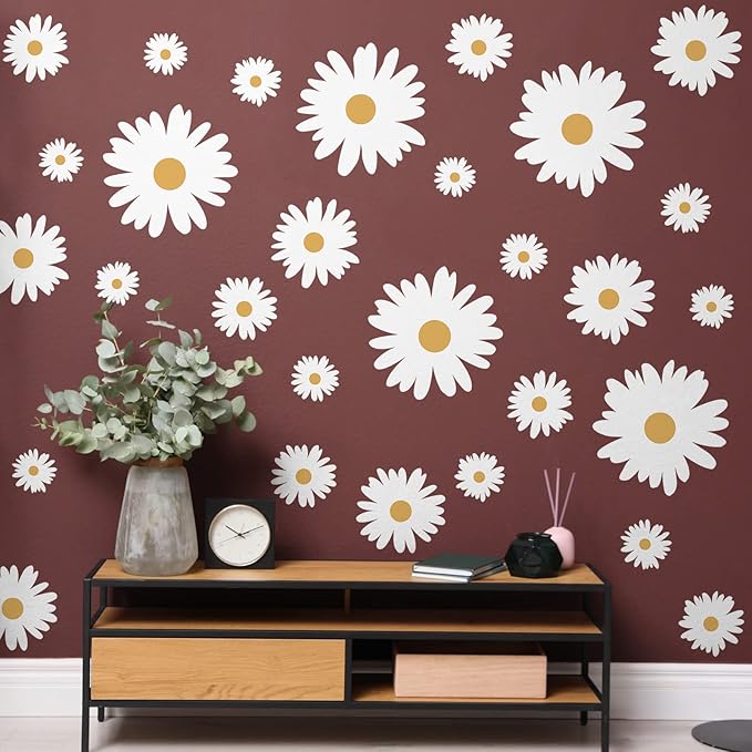 TaoBary 12 Sheet Daisy Wall Sticker Decal Removable Cute Daisy Bedroom Room Decor Flower Wall Sticker Pink White Flower Decal Wallpaper Peel and Stick for Nursery Home(White, Yellow,Multi Petal Style)