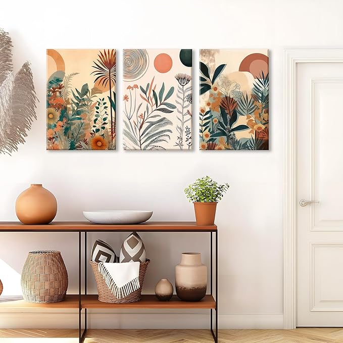 LYPHNX Framed Boho Burnt Orange Botanical Floral Canvas Wall Art Abstract Terracotta Jungle Poster Pictures Set of 3 Flower Prints Painting Home Decor for Bathroom Bedroom Living Room 16"x24"