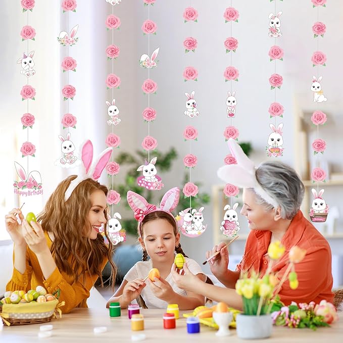 8 Pcs Easter Bunny Birthday Party Decorations Bunny Birthday Hanging Garlands Banner Pink Rose White Rabbit Paper Cutouts Streamer for Girls Wall Ceiling Decor Rabbit Party Supplies