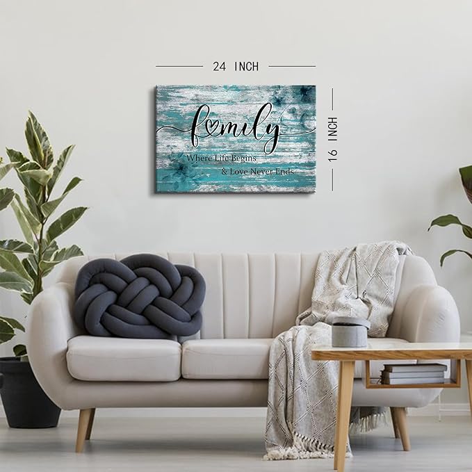 Family Sign Wall Decor Teal Wall Art Where Life Begins Love Never Ends Signs Poster Turquoise Picture Blessed Wall Decor Farmhouse Painting Artwork for Living Room Kitchen Home Decorations 16x24"