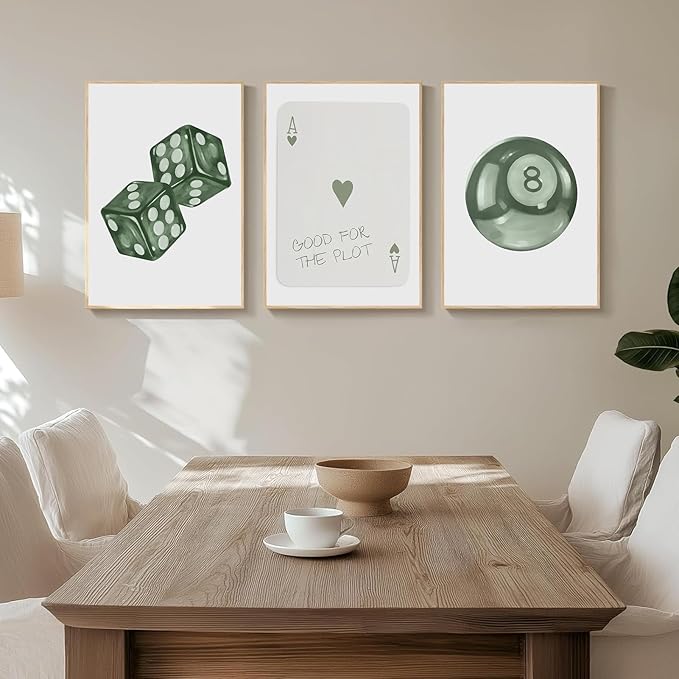 BOKPEN Green Poker Dice Canvas Wall Art Funky Y2K Trendy Preppy Pictures Lucky 8 Ball Poster Sage Prints Artwork Painting for Game Room Apartment Dorm Aesthetic Decoration 16x24in Unframed