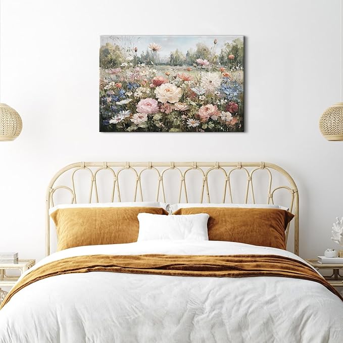 Vintage Wildflowers Wall Art Roses Daisy Canvas Painting for Living Room Farmhouse Colorful Flower Canvas Prints Rustic Country Nature Floral Landscape Artwork for Bedroom Home Decorations 24x36"
