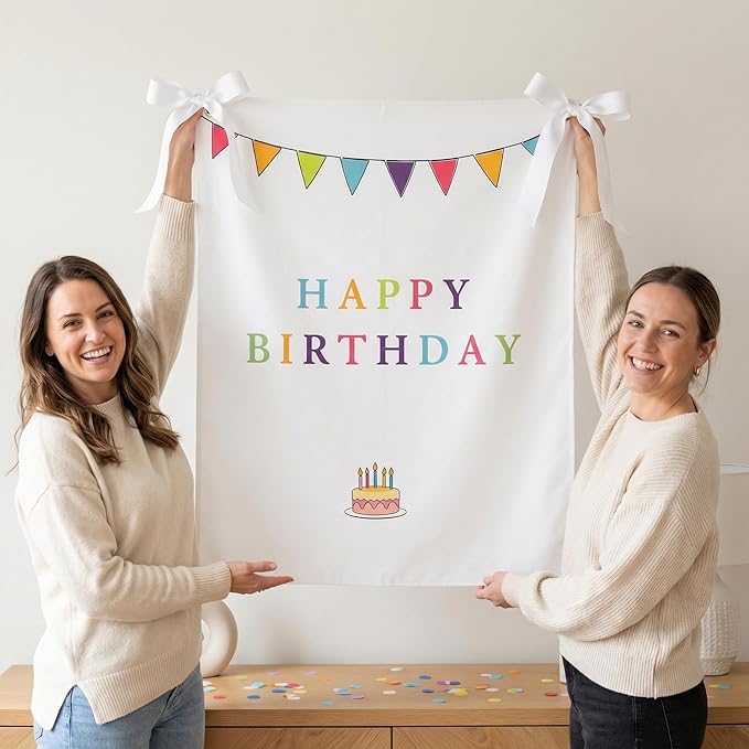 Oudain 29x39 Inch Happy Birthday Burlap Banner, Fabric Party Decorations Backdrop, Boho Rustic Photo Props Sign with Hanging String for Birthday Party Indoor Outdoor Yard Wall Decor, Style 2