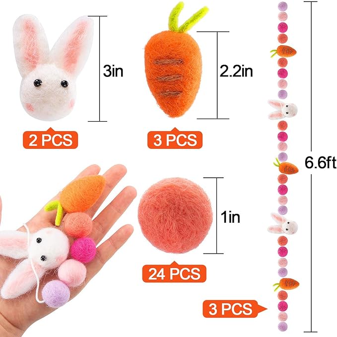 3 Pieces Easter Felt Ball Rabbit Carrot Garlands - 6.6 Feet Handmade Pom Pom Felt Ball Bunny Spring Tree Ornaments Party Favors for Easter Home Bedroom Living Room Wall Decors