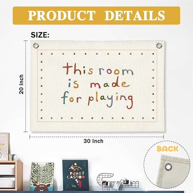Playroom Decor Wall Banner "This Room Was Made For Playin'" 20x30 Inch - Nursery Canvas Art, Kids Bedroom Hanging, Linen Toddler Play Area Sign, Children's Canvas Flag Decor