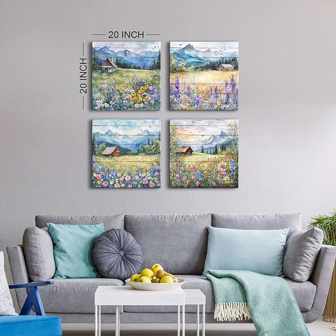 Colorful Wildflower Wall Art Farmhouse Floral Scenery Pictures Rustic Flower Landscape Canvas Painting Mountain Poster Prints Nature Artwork for Living Room Bathroom Modern Home Decorations 20x20” 4P