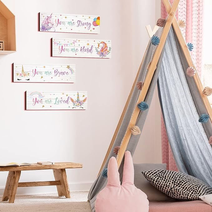 Yulejo Unicorn Wall Decor Girls Rainbow Wall Art Unicorn Room Decor Rainbow Motivational Inspirational Room Bedroom Decorations for Christmas Girls Kids Bedroom Nursery Decorations Gift (Cute Style)