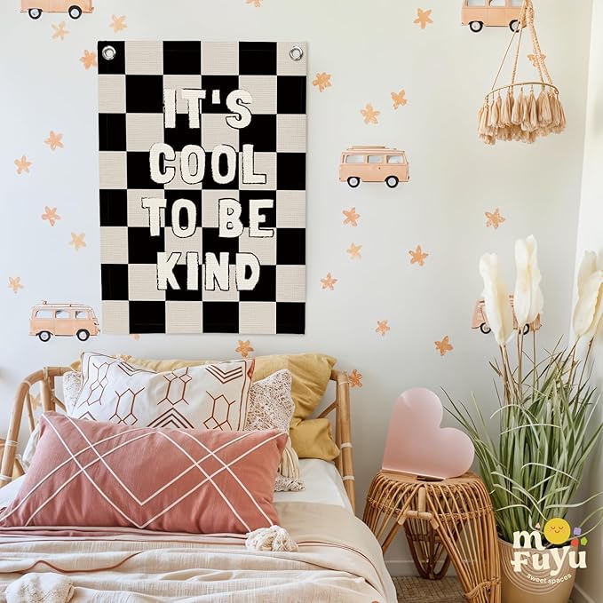 Kids Room Decor,Black and White Classroom Checkered Decor,Be Kind Inspirational Office Decor,Linen Canvas Wall Hanging Flag for Nursery Playroom Classroom 18x25 Inch