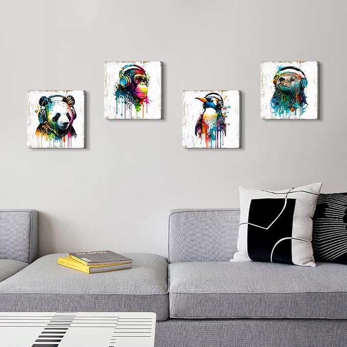 Colorful Animal Wall Art Funny Cute Bear Monkey with Headphone Canvas Prints Pictures Nursery Room Decor Cartoon Penguin Panda Paintings Artwork for Kids Bedroom Bathrooom Home Decoration 12x12” 4 Pcs
