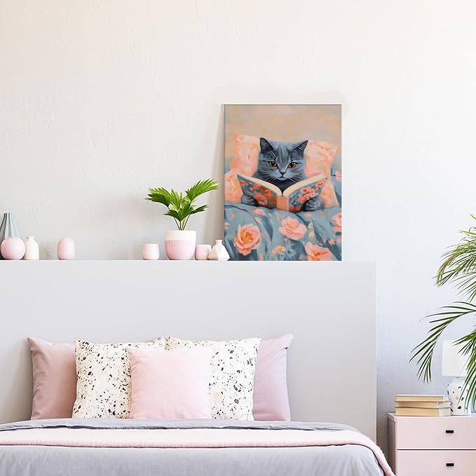 Framed Cat Reading Book Canvas Wall Art, Cute Gray Kitten Painting Print, Funny Animal Lovers Picture Wall Decor for Bedroom Living Room Kids Room Girls Room Home Decor 12x16 Inch