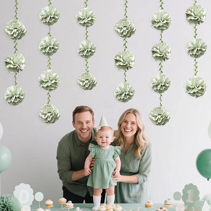 Sage Green Tissue Paper Flowers Pom Pom with Leaf Ribbon Dusty Green Hanging Garland Streamer for Birthday Baby Shower Wedding Engagement Woodland Safari Jungle Neutral Party Decorations Supplies