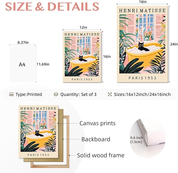 IAFWZX Framed Funny Bathroom Wall Art, Humor Black Cat In Bathtub Wall Decor, Vintage Henri Matisse Canvas Painting, Whimsical Cute Animal Poster Print for Living Room Bedroom 16"x24"