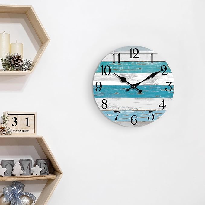 Wall Clock Battery Operated 10 Inch Outdoor Beach Style Blue Coastal Retro Silent Non Ticking Decorative for Bathroom Kitchen Living Room Bedroom