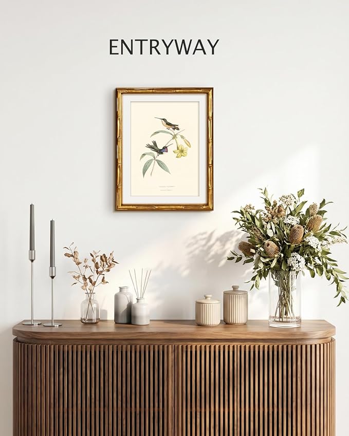 VIYYIEA Bamboo Detail Design Gold Framed Wall Art Bedroom Decor, Vintage Canvas Wall Art Prints for Living Room, Hummingbirds Artwork, Animal Painting Picture Print, Home Decor Aesthetic 11 x 14inch