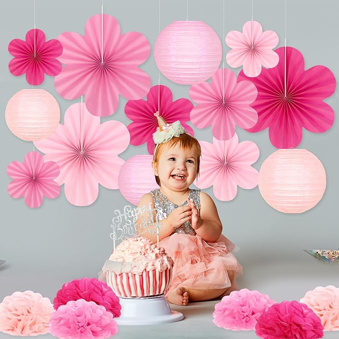 19 Pcs Pink Party Decorations, Light-Hot Pink Hanging Paper Lanterns, Paper Flowers Fans, Tissue Pom Poms, Floral Backdrop Wall Decor for Birthday Baby Showers Bridal Wedding Valentines Classroom