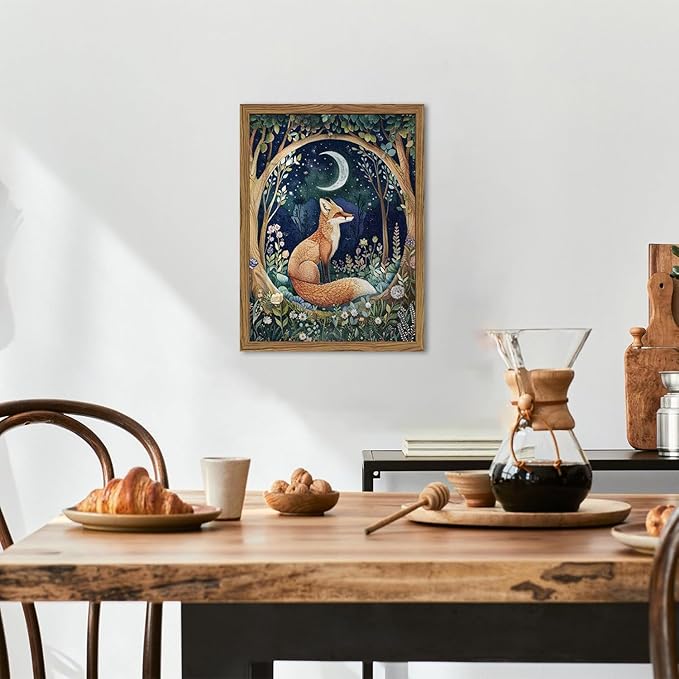 Framed 3D Textured Vintage Wall Art - Cottagecore Hand Drawn Sandstone Fox Paintings Wall Decor, Whimsical Forest Animal Floral Botanical Aesthetic for Bedroom Living Room Nursery 12x16 inch