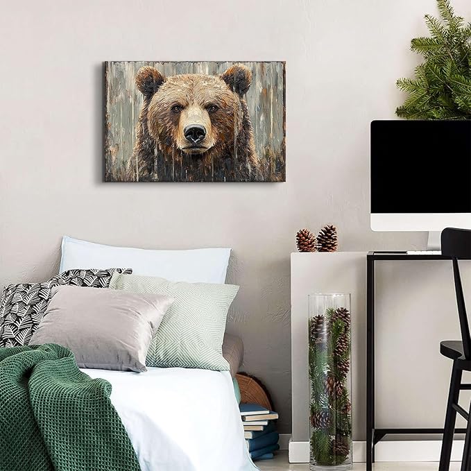 Farmhouse Wall Decor Bear Wall Art Rustic Animal Heads Pictures Funny Animal Canvas Prints Nature Wildlife Portrait Painting Modern Artwork for Kid Bedroom Living Room Home Decoration 16x24"