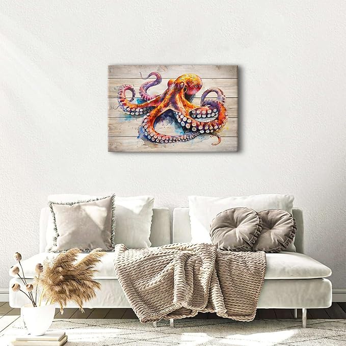 Octopus Wall Art Ocean Creature Wall Decor Modern Gallery Artwork Navy Underwater Marine Animal Canvas Prints Sea Life Paintings Framed for Kitchen Bedroom Living Room Home Decorations 24x36"