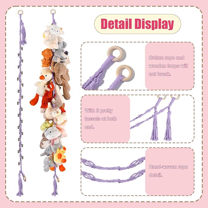 80" Cotton Hanging Storage Chain For Stuffed Animals Storage with 20 Metal Clips, Stuffed Animal Organizer Chain for Wall Corner Nursery Play Room, Purple