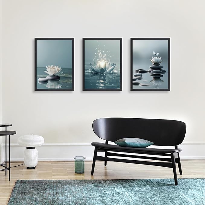 GELDSTEI Calm Zen Botanical Canvas Wall Art, White Lotus Blooming on Stones in Water Aesthetic Pictures, Yoga Spa Meditation Room Decor, Modern Spiritual Poster Prints for Zen Wood Framed Set of 3, Each 12x16 Inch