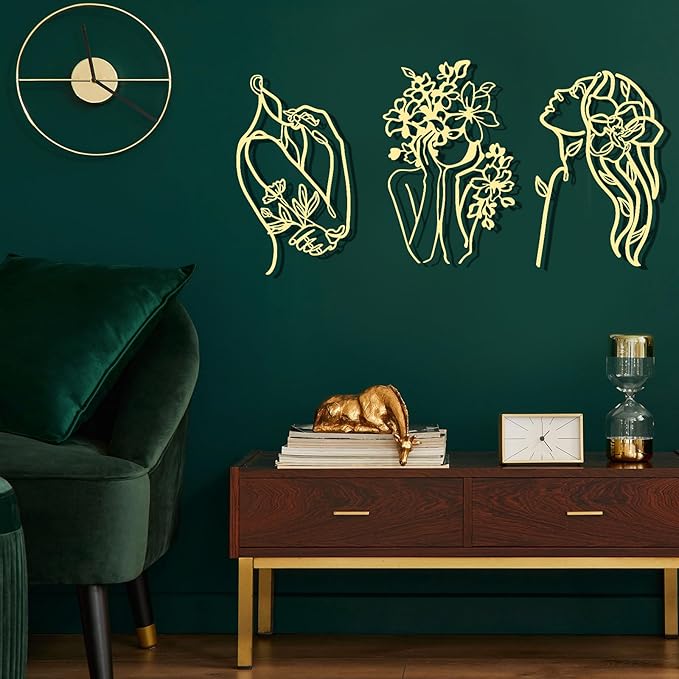 Photect 3 Pcs Metal Wall Art Decor Minimalist Abstract Woman Wall Art metal Modern Line Drawing Wall Art Decor Female Single Line Wall Home Hanging for Bedroom Bathroom Living Room, Gold(Romantic)