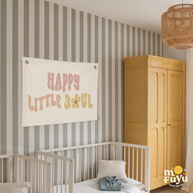 Girls Nursery Decor,Baby Girl Wall Decor,Happy Little Soul Linen Canvas Banner – Boho Inspirational Wall Hanging for Kids Room, Nursery and Playroom – 30x20 Inch