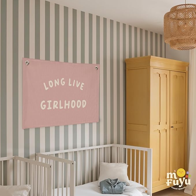 Girls Room Wall Art Decor,Long Live Girlhood Linen Canvas Banner–Pink Wall Hanging Flag Decor for Girls Room, Nursery Kids Bedroom Dorm Toddler Decorations - 20x30 Inch