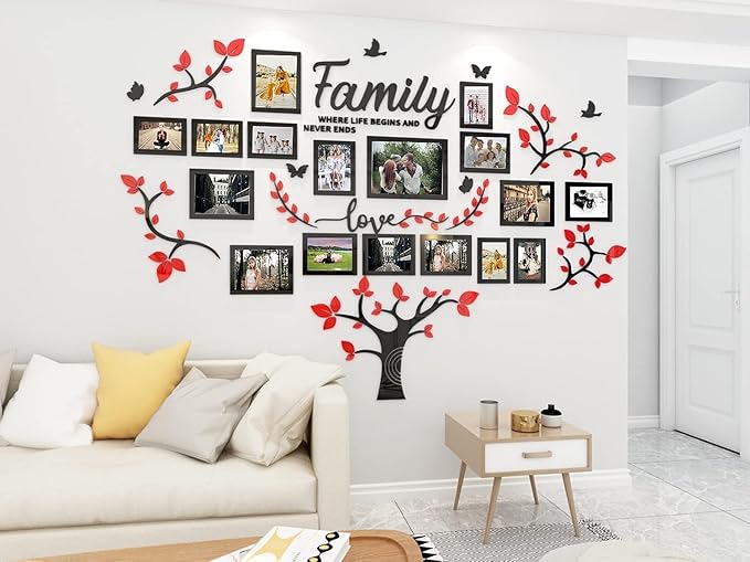 Family Tree Wall Decor - Picture Frames Collage 4x6 5x7 8x10 11x14 3D DIY-Acrylic Photo Frame for Living Room (Red 57 * 81in)