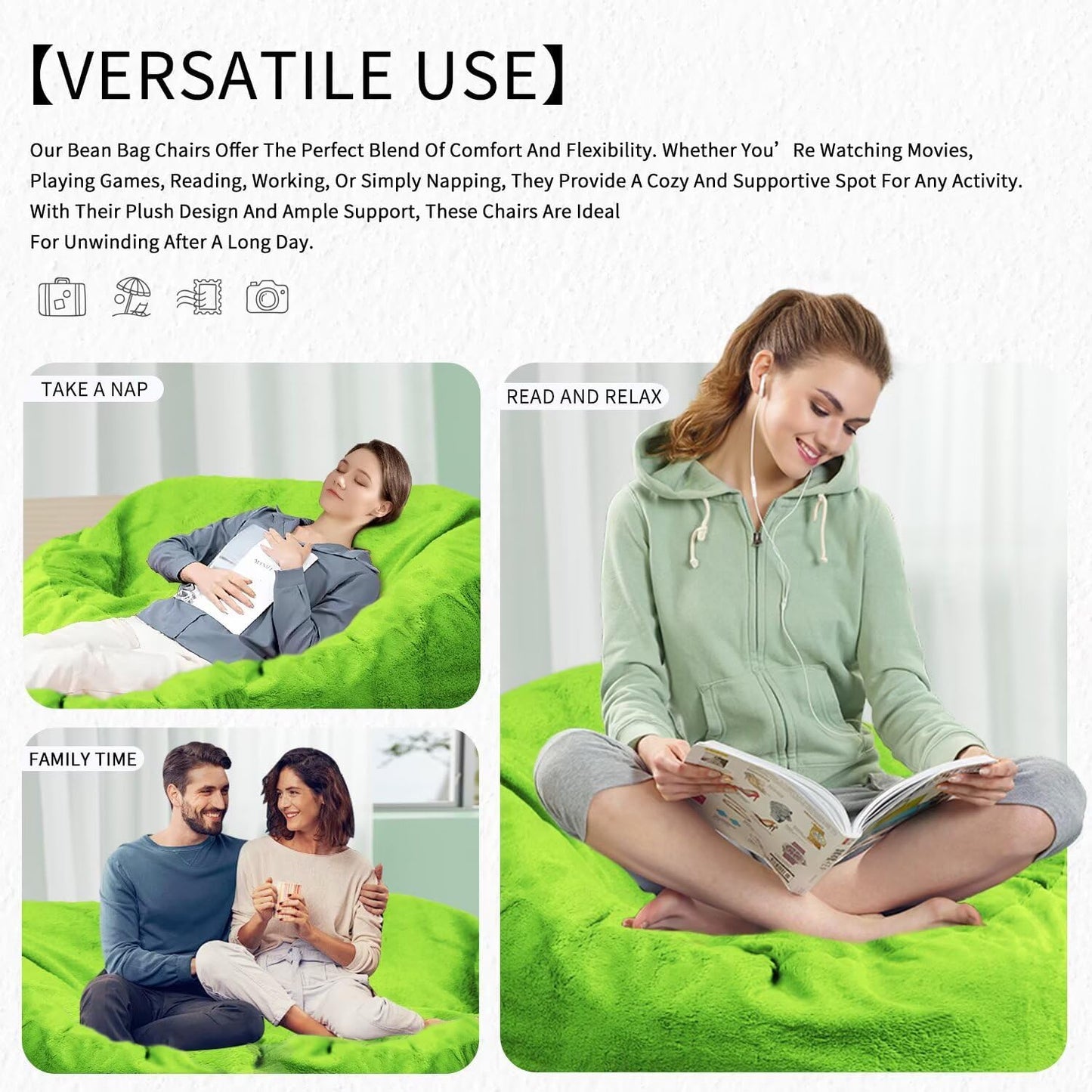 Bean Bag Chair for Adults 5FT,Soft Removable Cover for Teens/Girls Bedroom,Fluffy Giant Round Floor Beanbag Lounger Chairs (No Filler,Green)