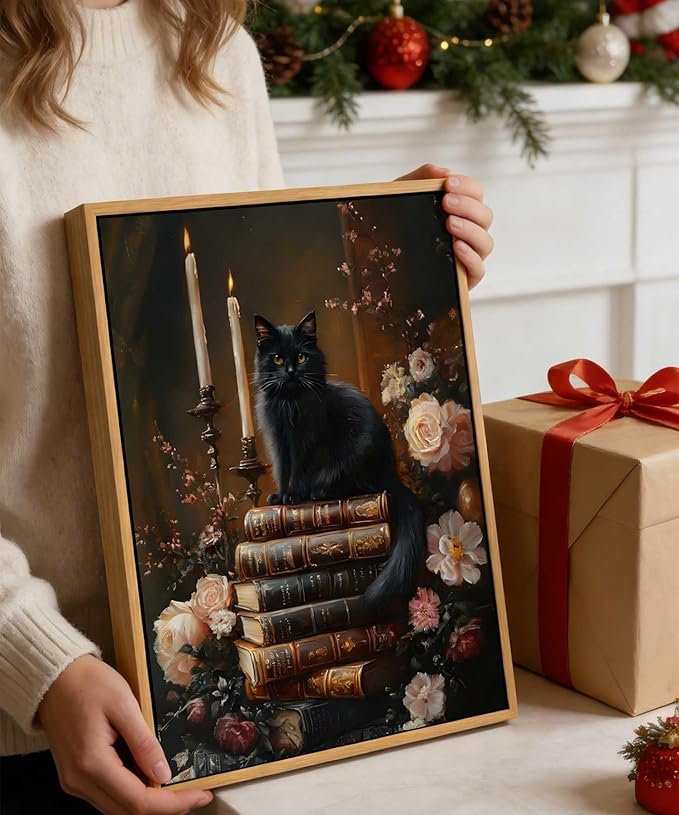 Framed Dark Academia Moody Wall Art Victorian Black Cat Wildflower Book Floral Wall Decor Picture Gothic Vintage Antique Aesthetics Poster Prints for Gallery Library Bookstore Decoration 12x16in