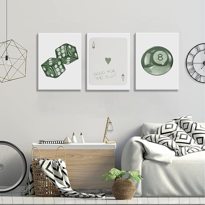 BOKPEN Green Poker Dice Canvas Wall Art Funky Y2K Trendy Preppy Pictures Lucky 8 Ball Poster Sage Prints Artwork Painting for Game Room Apartment Dorm Aesthetic Decoration 16x24in canvas