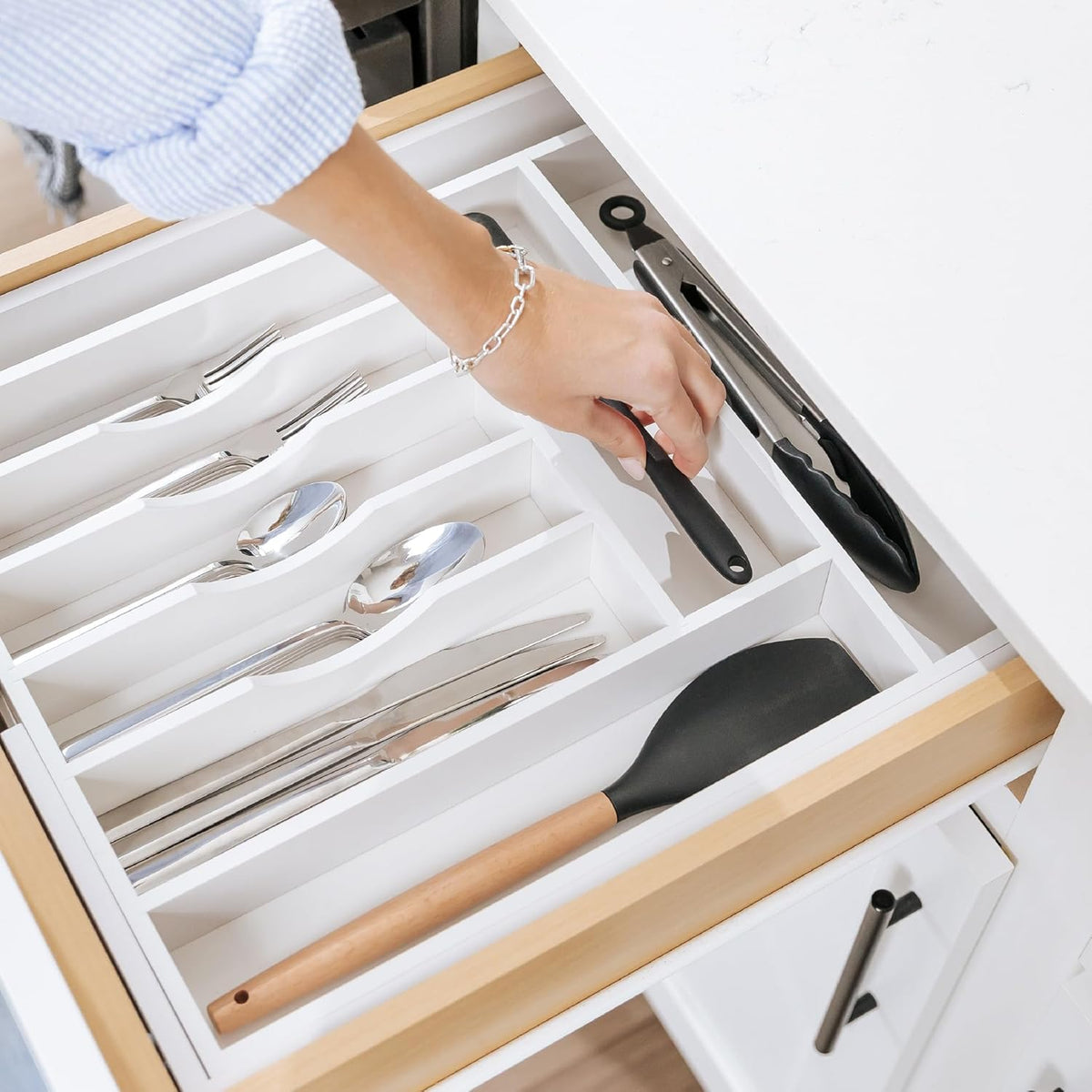 Premium Silverware, Flatware and Utensil Organizer for Kitchen Drawers, Food-Safe Contract Grade, Expandable from 14.5 to 25 In, White Bamboo