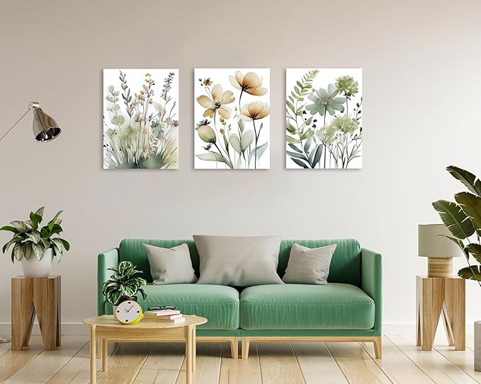 Sage Green Botanical Wall Art Set of 3 Boho Floral Art Wall Decor Minimalist Flower Posters Prints Pictures for Living Room Bedroom Bathroom or Entryway Decoration12x16 Inch Framed
