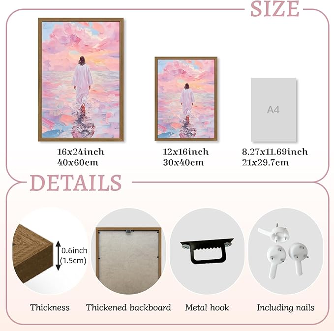 Clicyre Jesus Walking on Water Christian Wall Art, Pink Sunset Faith Canvas Print, Inspirational Religious Wall Decor for Bedroom Living Room Prayer Room Hallway Wood Framed 12x16 Inch