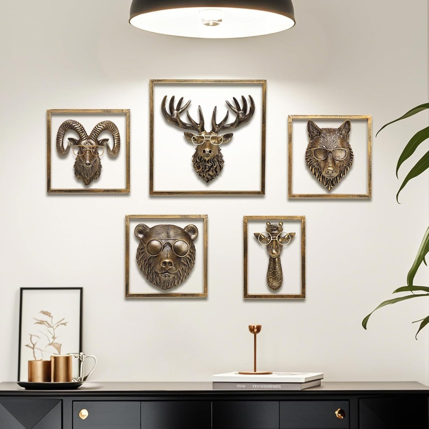 JJALIGHTS Animal Heads Wall Decor Resin Animals Sculptures Head Wall Hanging Decoration Imitation Copper vintage Wall Sculpture for Living Room Bedroom Office(Giraffe,Includes Metal Frame)