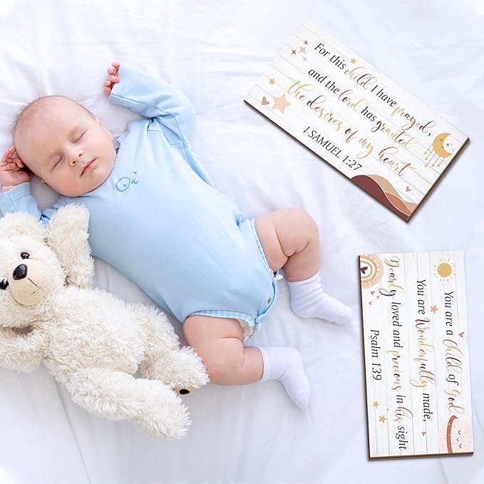 Yookeer 2 Pcs Wood Nursery Wall Decor for Girls Boys Baby Girl Room Decor Nursery Christian Wall Art This Child I Have Prayed Bible Quote Hanging Sign for Kids Home 12 x 6 Inch(Cute)