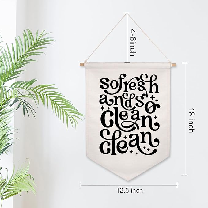 So Fresh and so Clean Clean Wall Hanging Banner, Bathroom Wall Decor, 70s Pennant Flag, Shelf Decor, Funky Wall Art, Laundry Room Decor, Funny Quotes, Trendy Wall Hanging Flag