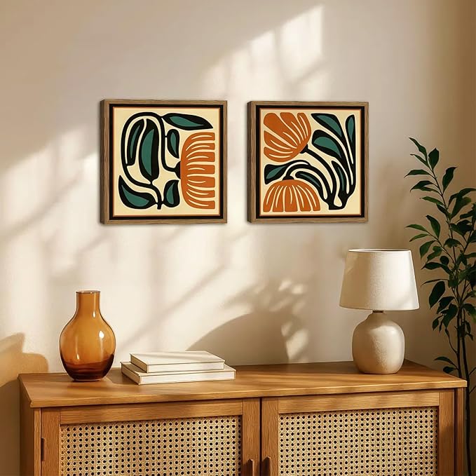 Mid Century Floral Wall Art Set of 2, Modern Square Abstract Botanical Wall Decor Picture, Vintage Boho Eclectic Plant Canvas Prints Paintings for Bedroom Living Room 24x24 inch Wood Framed