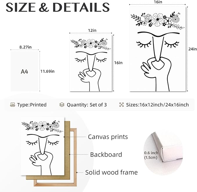 IAFWZX Framed Funny Bathroom Wall Art, Black and White Humor Toilet Wall Decor, Minimalist Face Line with Flower Crown Canvas Painting, Modern Abstract Poster Print for Restroom Bedroom 12"x16"