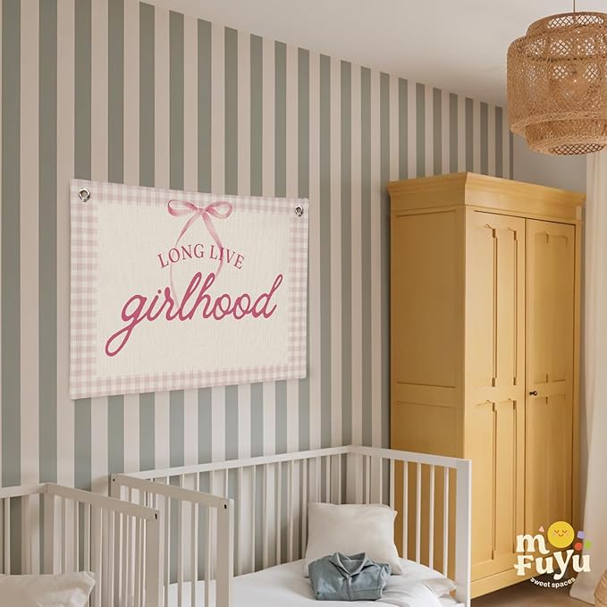 Girl Room Decor - Long Live Girlhood Linen Banner,Bow Nursery Decor for Girl,Swan Decor Wall Hanging for Nursery, Playroom, Kids Bedroom and Aesthetic Room Decor 30x20 Inch