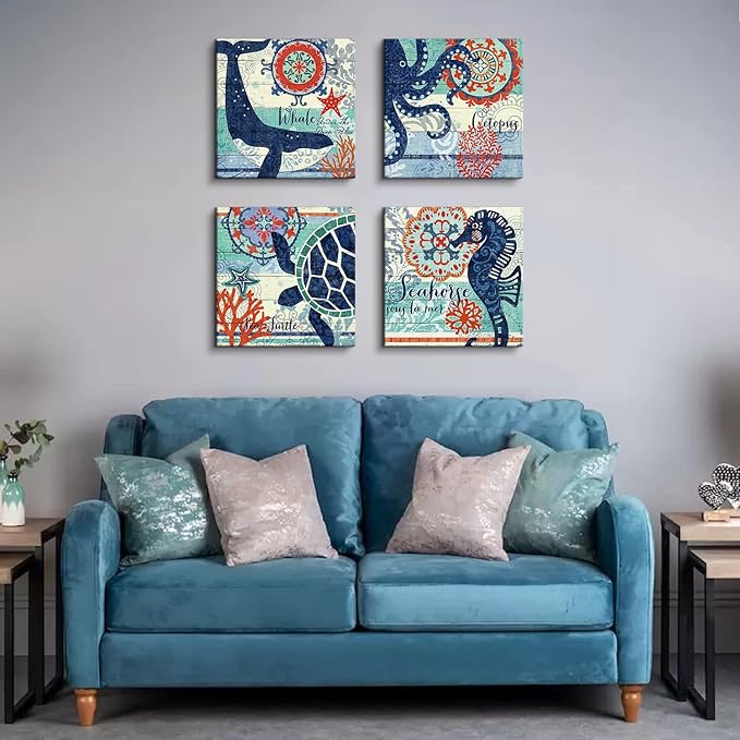 Nautical Wall Art Boho Bathroom Decor Navy Blue Beach Themed Sea Turtle Octopus Whale Canvas Pictures Coastal Artwork Vintage Nautical Ocean Animal Posters Nursery Kitchen Home Decoration 16x16" 4 Pcs